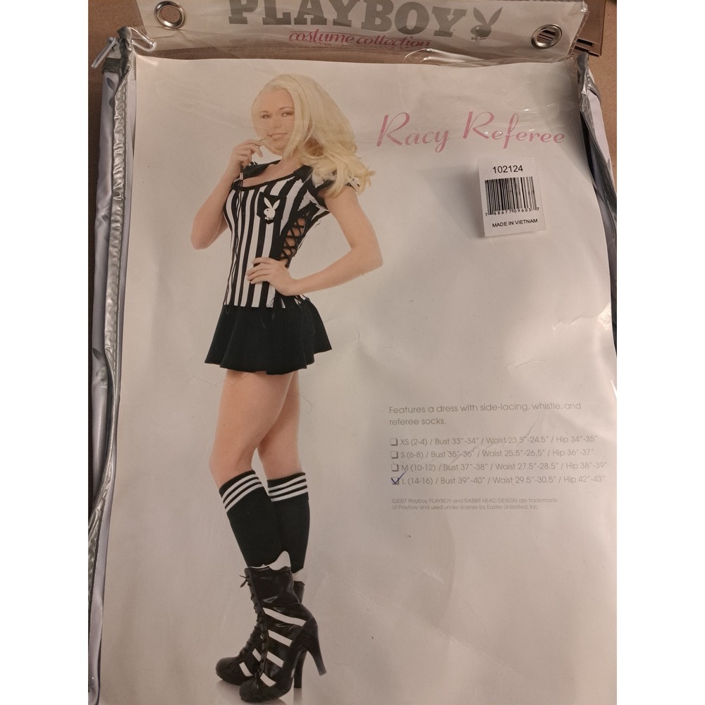 Playboy Racy Referee Costume Set Black White Striped Dress Whistle Socks L LARGE